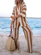 Loose V-Neck Fashion Hollow Out Striped Shirt Wide Leg Pants Set
