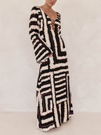 Flattering V-Neckline Unique Printed V Tie Ring Maxi Dress